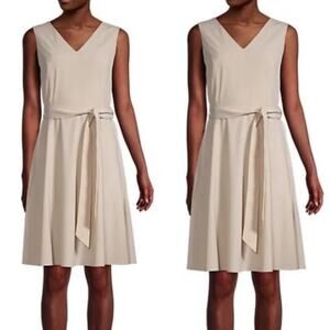 Calvin Klein Tan V-Neck Satin Finish Tie Waist Dress